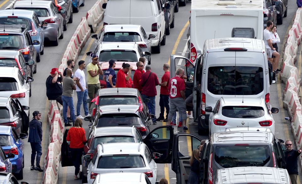 Liverpool supporters heading for the Champions League Final in Paris waited in queues at the Port of Dover in Kent