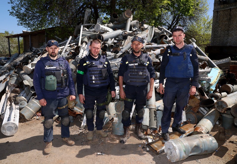 Kharkiv's bomb disposal team: Lt Col Ihor Ovcharuk, 42, Alex Humenchak, 38, Volodymir Herynenko, 43, and Vladislav Shapobal, 26