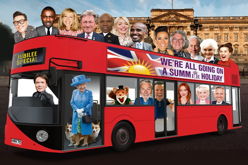 A line-up of 150 stars from the world of showbiz will be on the buses in the grand finale