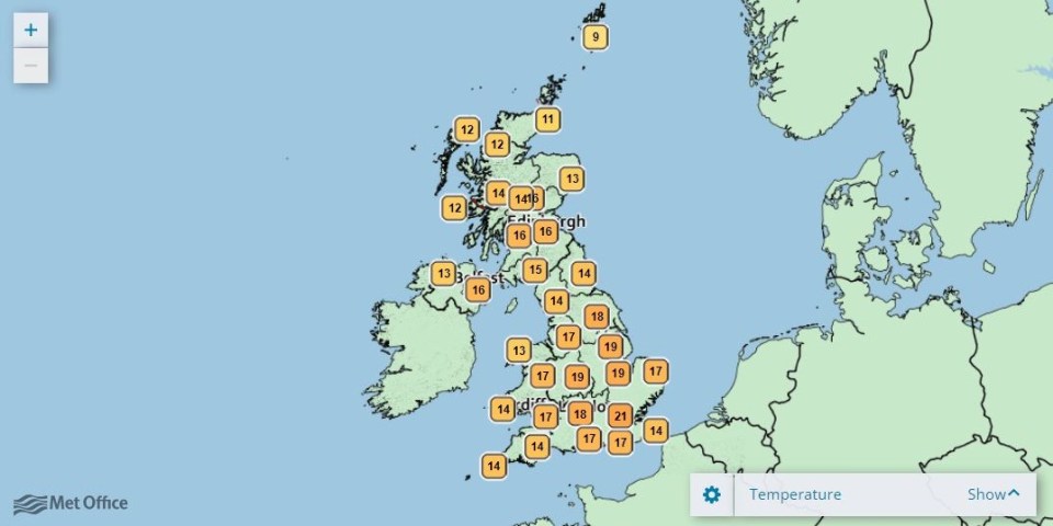 The Met Office's predictions for 7pm on Saturday evening in London