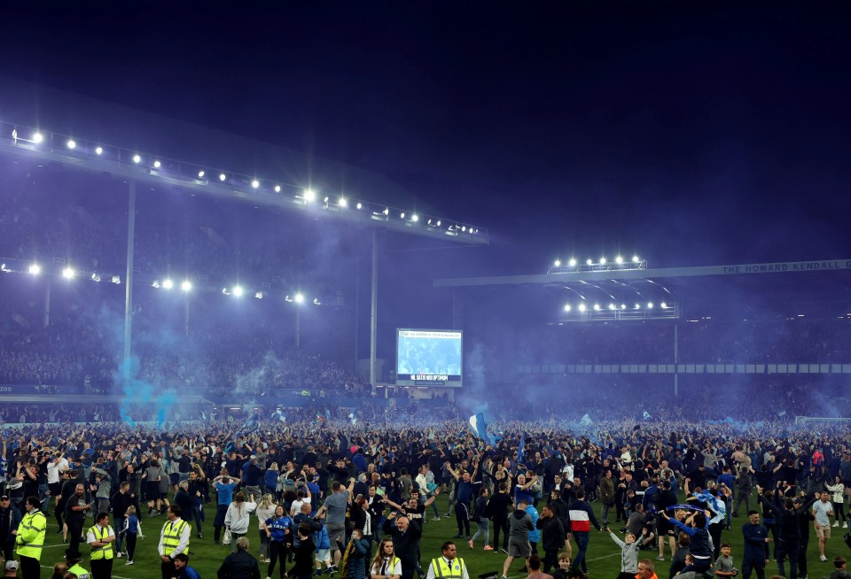 The Goodison Park pitch was flooded with fans