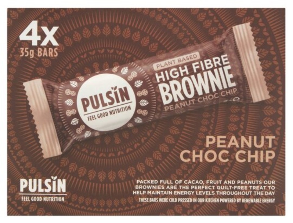 Save £1 on a four-pack of Pulsin peanut choc-chip brownie bars with a Tesco Clubcard