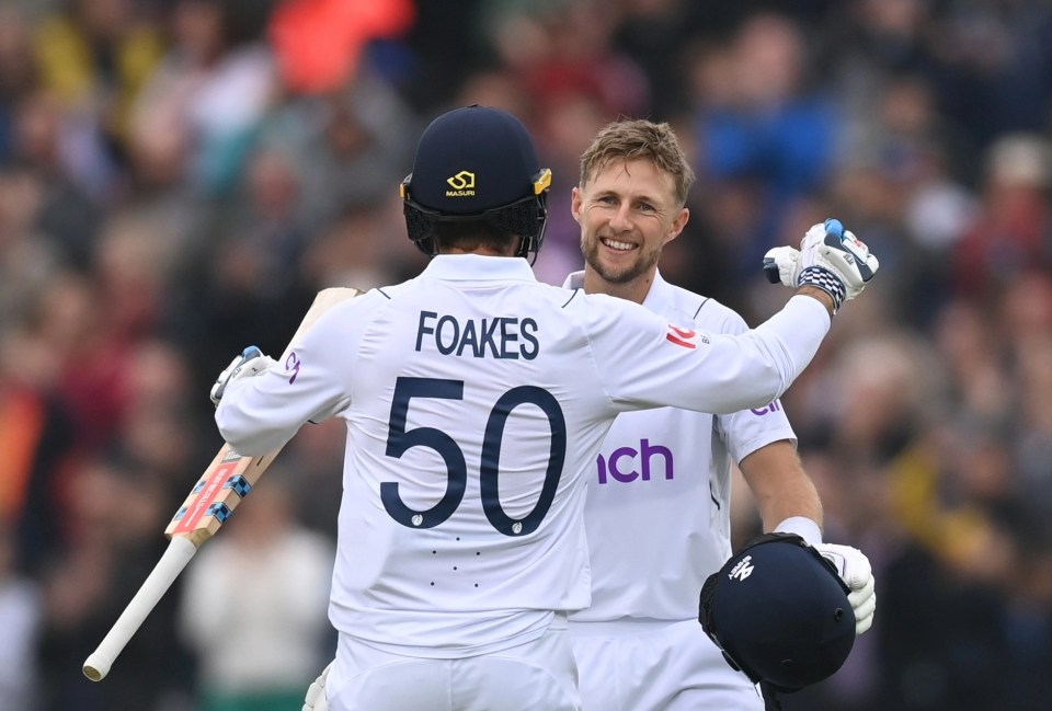 Joe Root celebrates his century moments before England’s victory