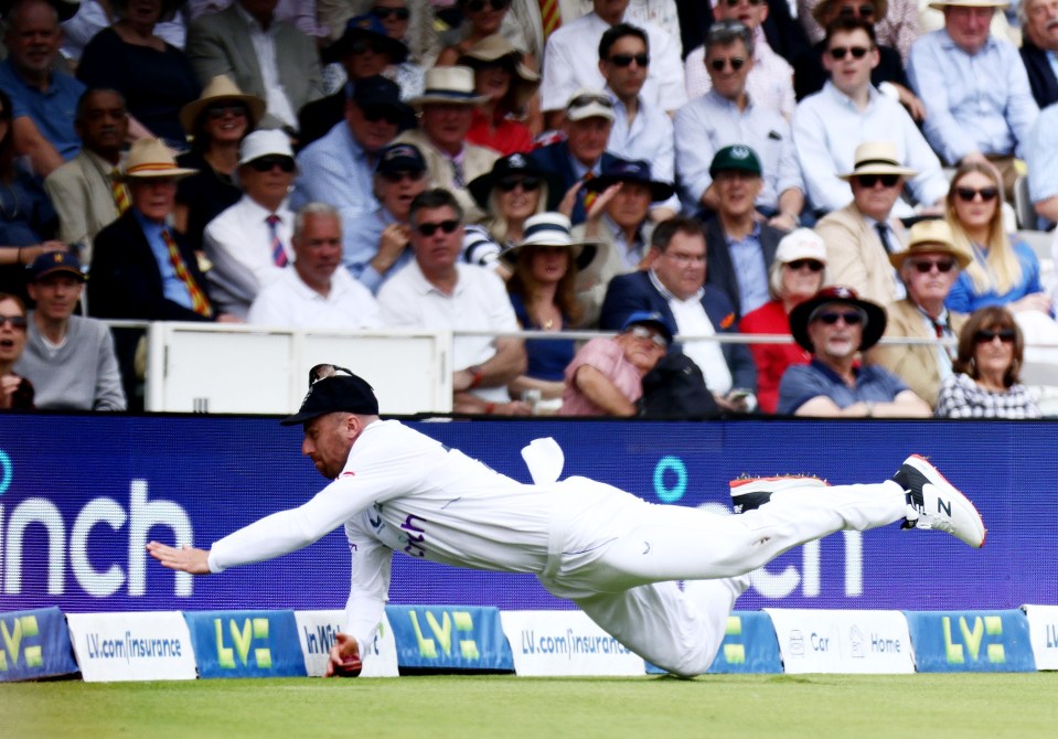 Jack Leach leapt to stop the ball hitting the boundary