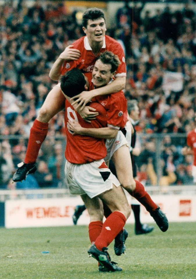 Black is mobbed by Roy Keane and Nigel Clough after scoring for Forest at Wembley