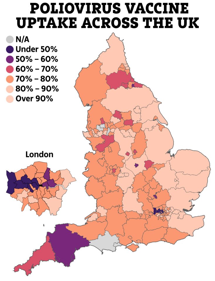 The map above shows polio virus vaccine uptake in teenagers across 2020/21