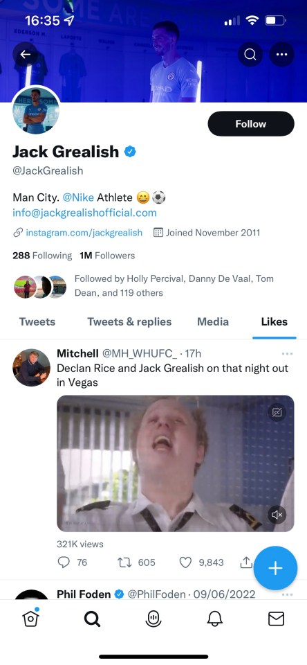 Jack Grealish liked the tweet of this Come Fly With Me clip