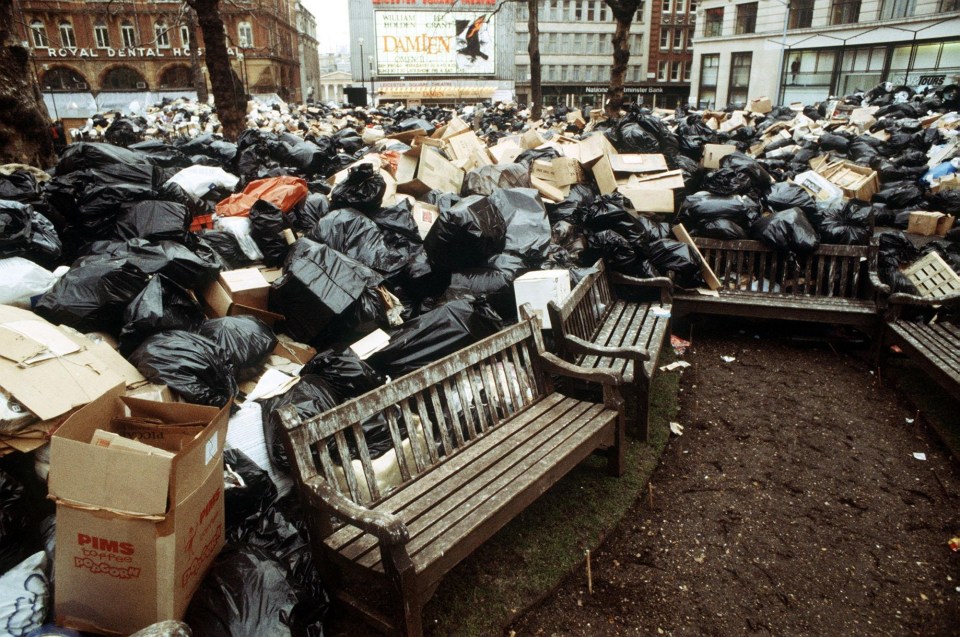 Rubbish piled up in Leicester Square during the strike-crazed 1970s