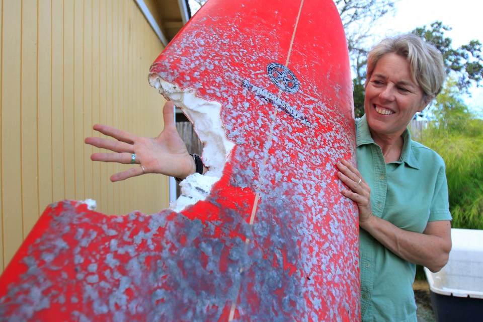 A surfer shows the huge dent in her surfboard caused by a shark bite