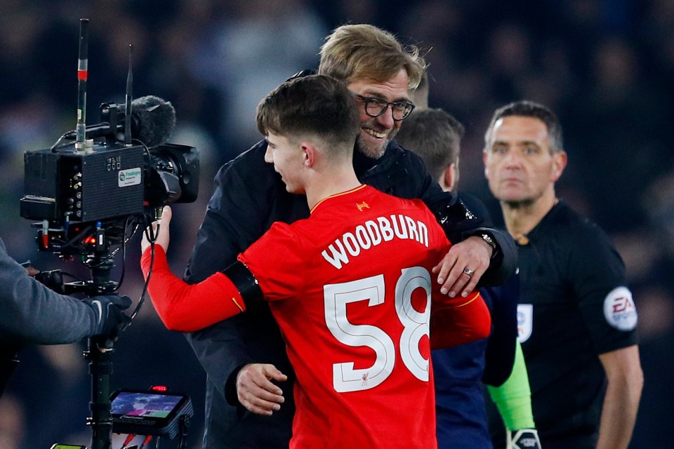 Jurgen Klopp hugs Ben Woodburn after the youngster's goal against Leeds in 2016