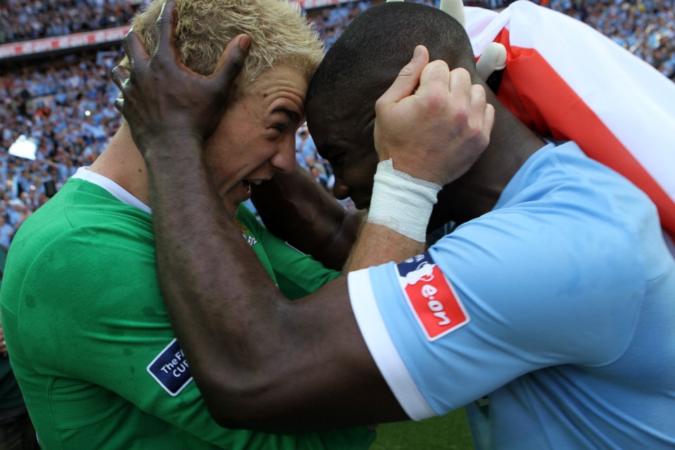 Hart and Richards celebrate winning the 2011 FA Cup at Wembley