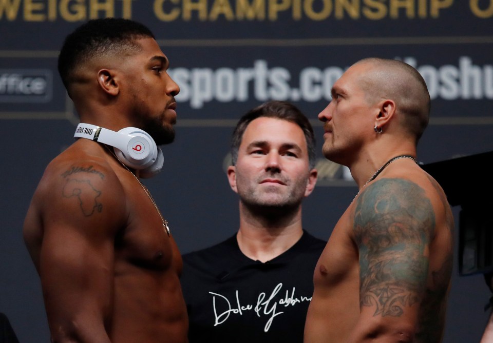 Anthony Joshua, promoter Eddie Hearn and  Oleksandr Usyk