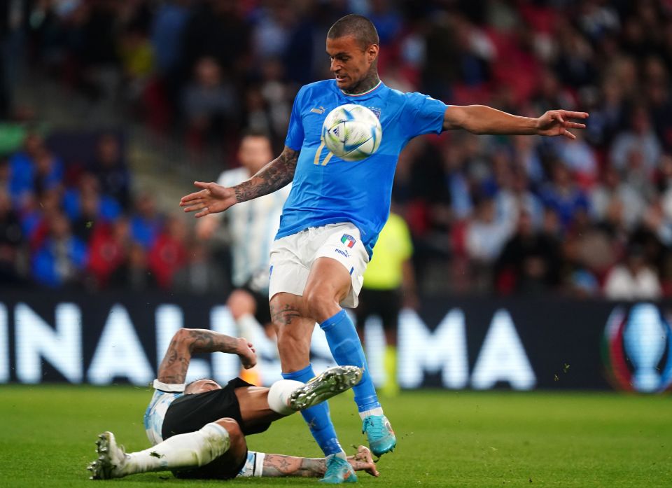 Scamacca in action against Argentina during the CONMEBOL-UEFA Cup of Champions