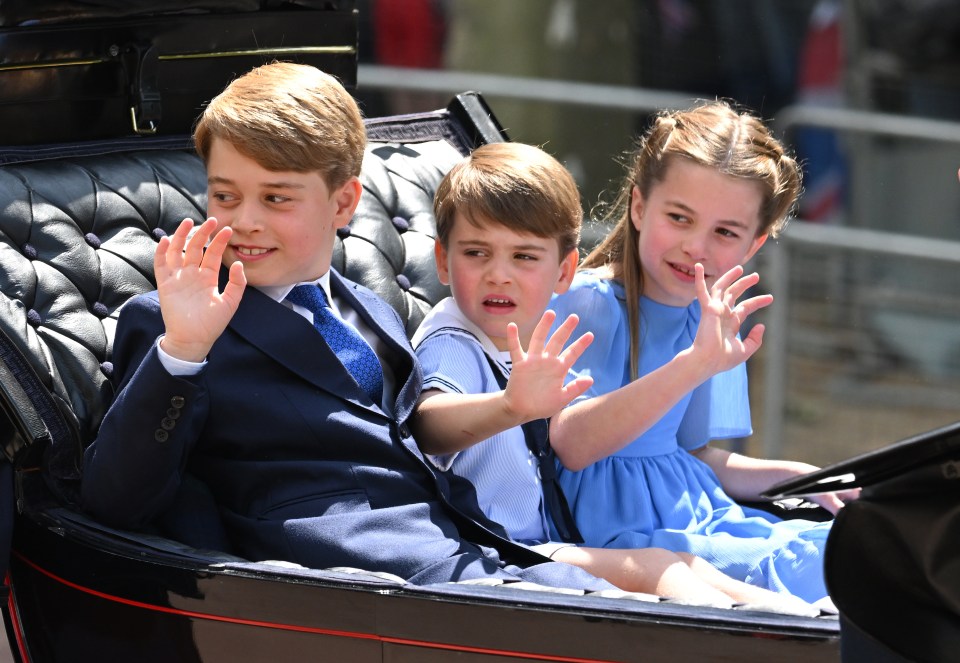 Prince George, Prince Louis and Princess Charlotte in the sunshine as they arrive at Trooping the Colour