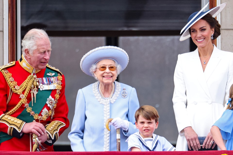 Prince Charles, the Queen, Prince Louis and Kate Middleton on the balcony today