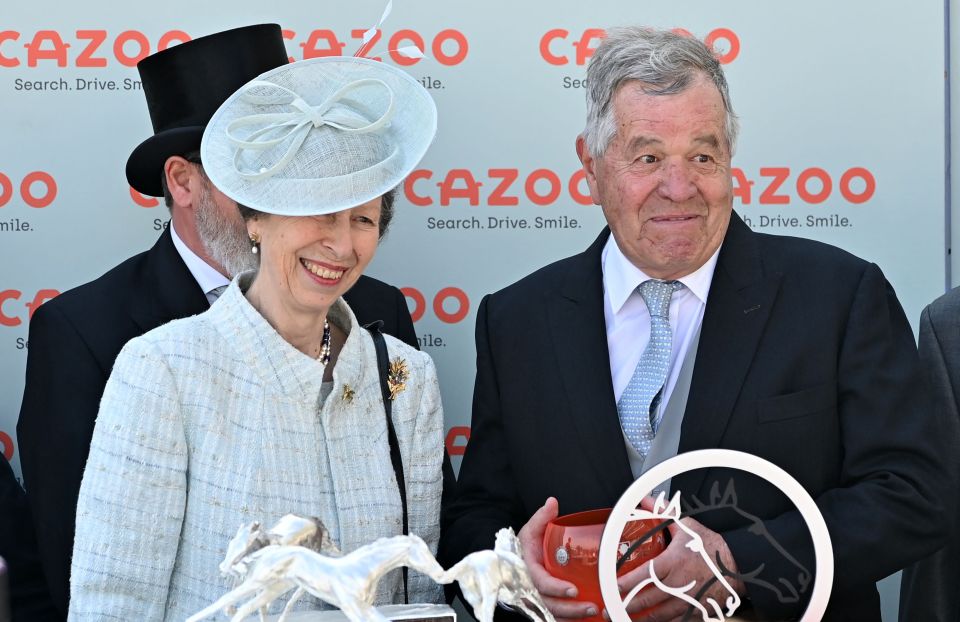 Sir Michael can't hide his joy next to Princess Anne after winning the big one at Epsom