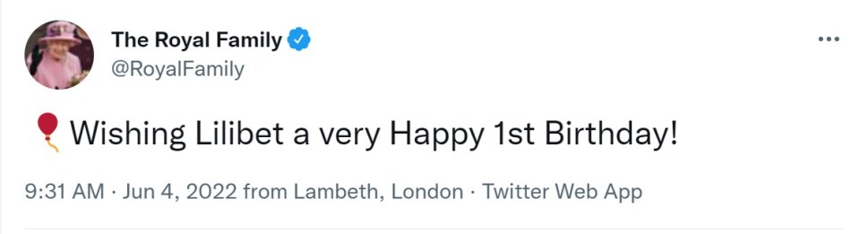 The Twitter account for the royals posted a balloon emoji and the message: ‘Wishing Lilibet a very Happy 1st Birthday!’