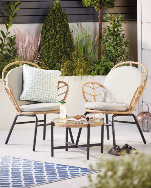 Gardenline Wicker Effect Bistro Set comes with a glass table and two wicker chairs