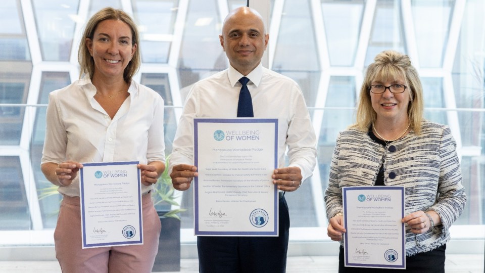 The Civil Service has become thelargest organisation to sign Menopause Workplace Pledge. Pictured left to right: Antonia Romeo, Sajid Javid, Maria Caulfield