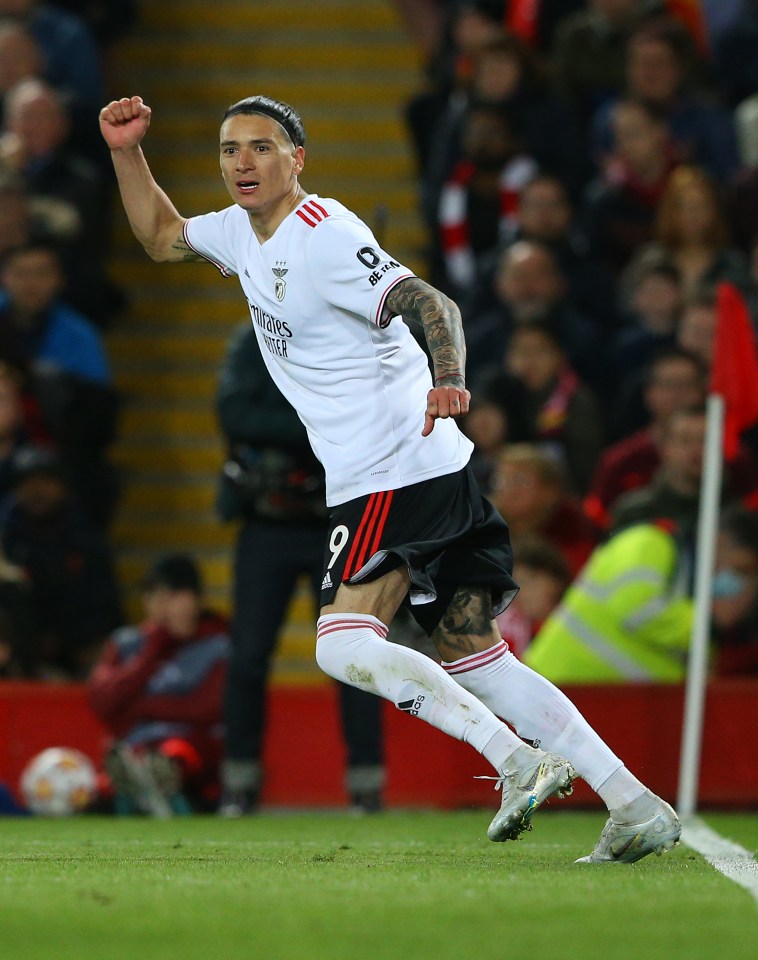 Nunez celebrates a Benfica goal against Liverpool