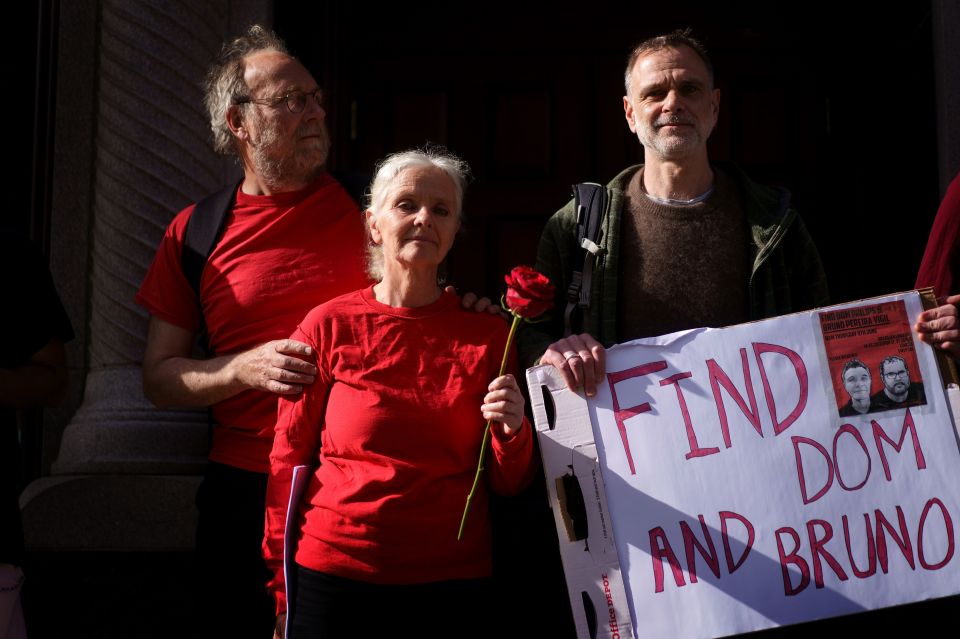 Dom Phillips' sister Sian, brother Gareth, right, and brother-in-law Paul Sherwood at the Brazilian Embassy in London