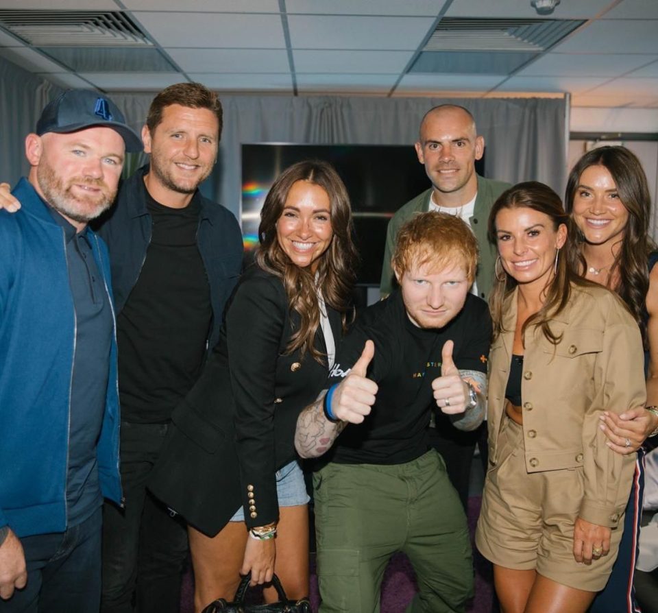 Coleen and Wayne posed with Ed Sheeran as they celebrated their 14th wedding anniversary in Manchester