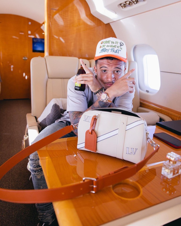 Manchester United winger Jadon Sancho took to social media to share pictures of him in a private jet