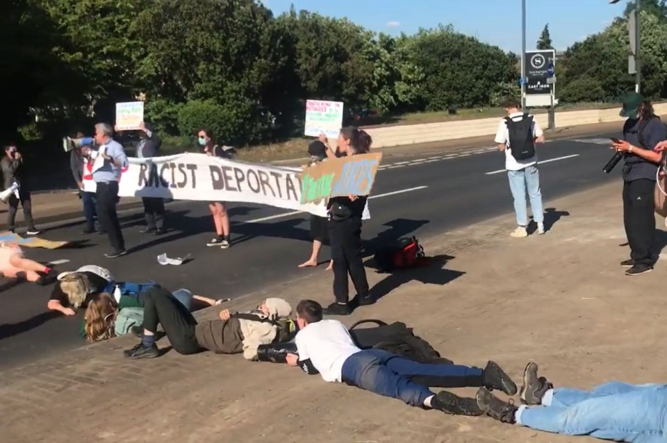 Activists have blocked the road near the Colnbrook removal centre where some of the asylum seekers due to be on the Rwanda flight tonight were being held