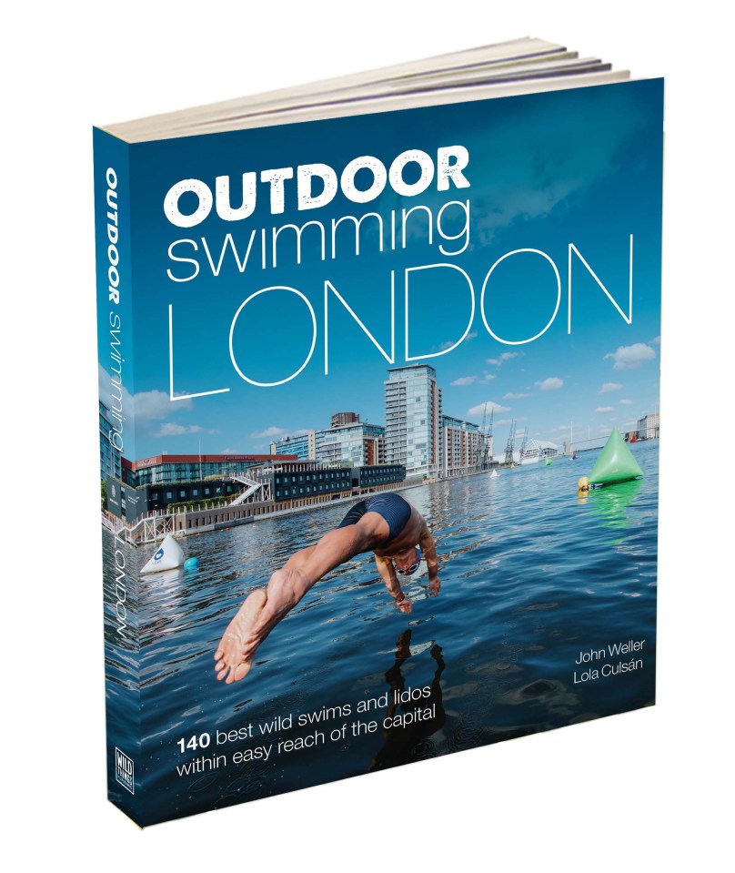 a book titled outdoor swimming london shows a man diving into the water