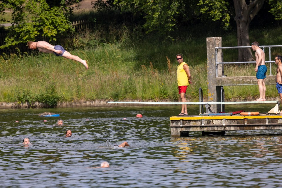 One lad hurls himself off a diving board into Hampstead ponds, north London