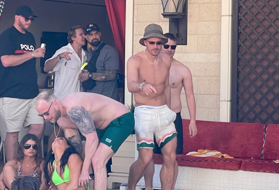 England ace Jack Grealish hides a can of lager in his trunks as his boozy lads’ break to Las Vegas continued with a pool party