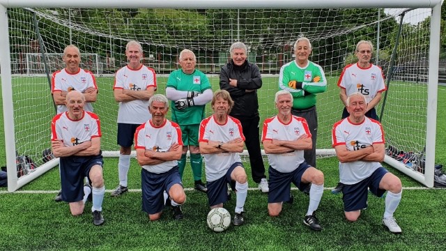 Grandad Rex, front centre, said: 'In the England team there are three of us who are 80 or over so I’m certainly one of the older ones in the squad'