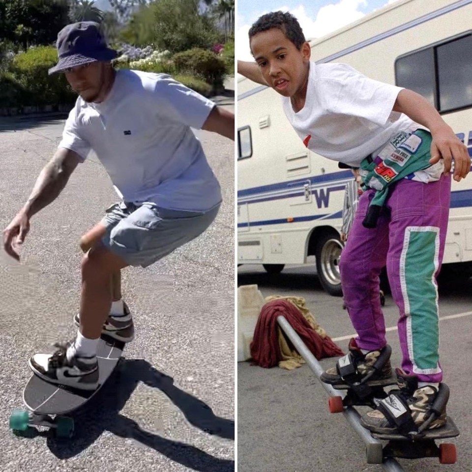 Merc shared a skateboarding throwback which Hamilton re-shared