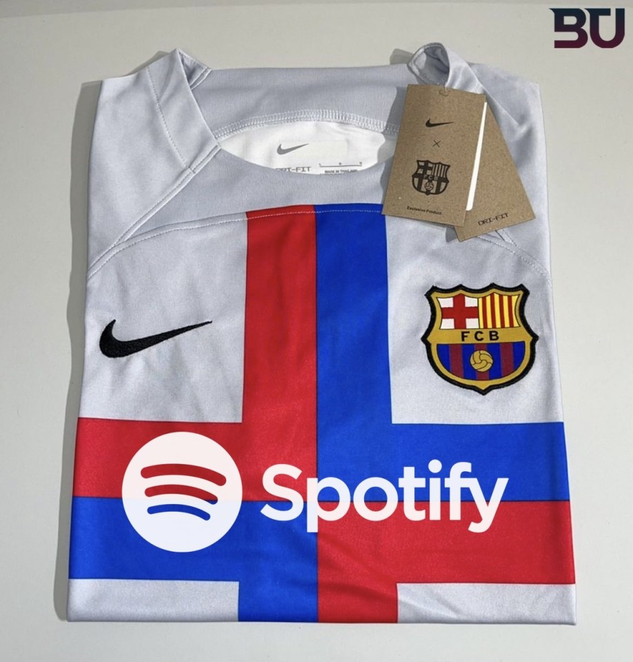 Barca's leaked third shirt has a blue and red cross on it