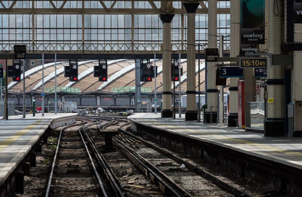 Empty railway tracks at Waterloo station as the country’s transport system is crippled by strike action