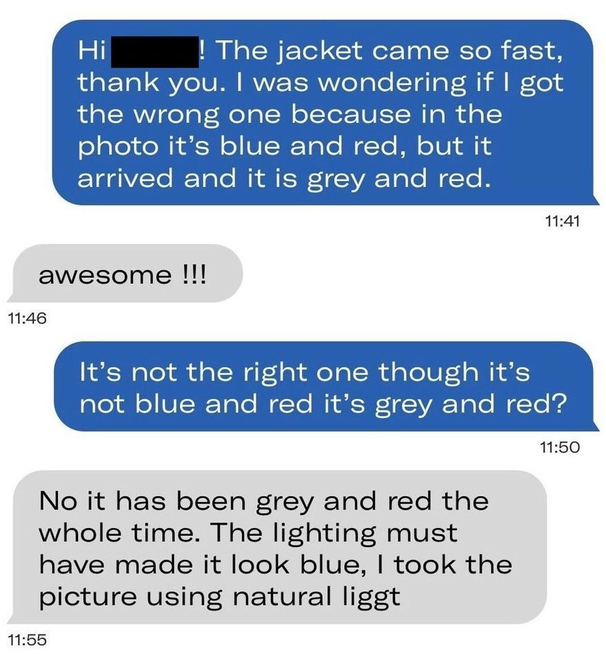 The seller explained why the jacket looked more red and blue in the advert