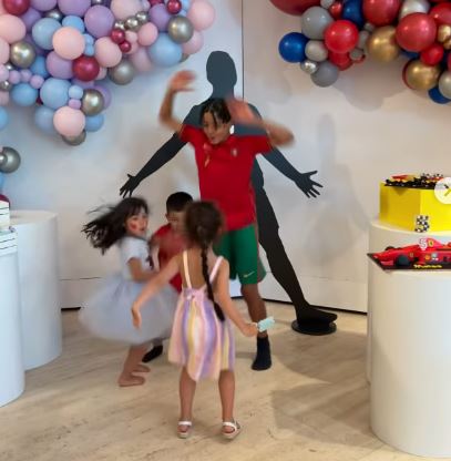 Cristiano Jr led his siblings in copying their dad's infamous 'Siu' celebration - with a cardboard cut-out of the great man behind them to provide inspiration