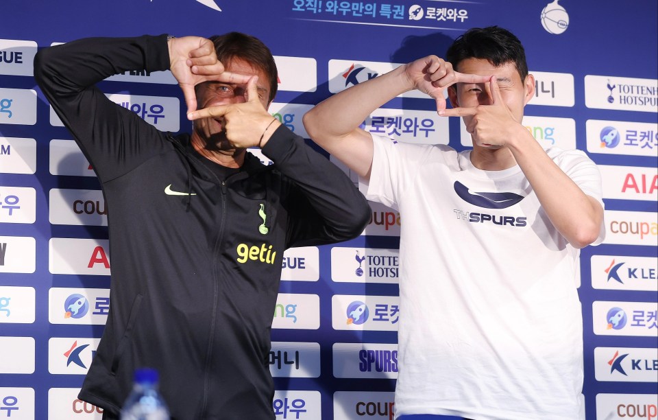 Conte, left, does Son Heung-Min's, right, signature celebration in a press conference