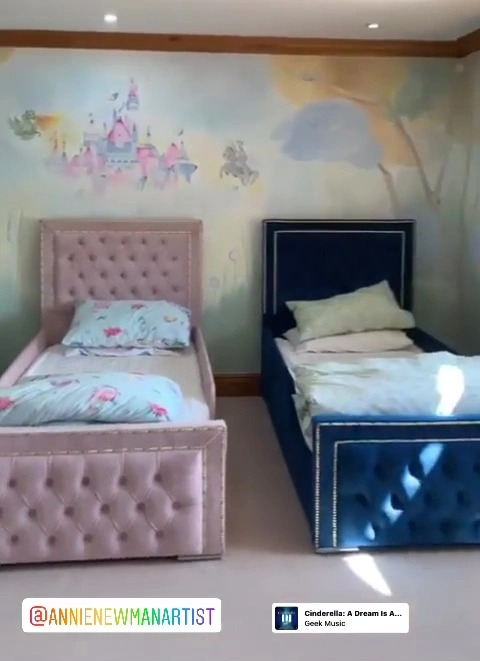 One of the kids’ rooms has a pink and blue theme