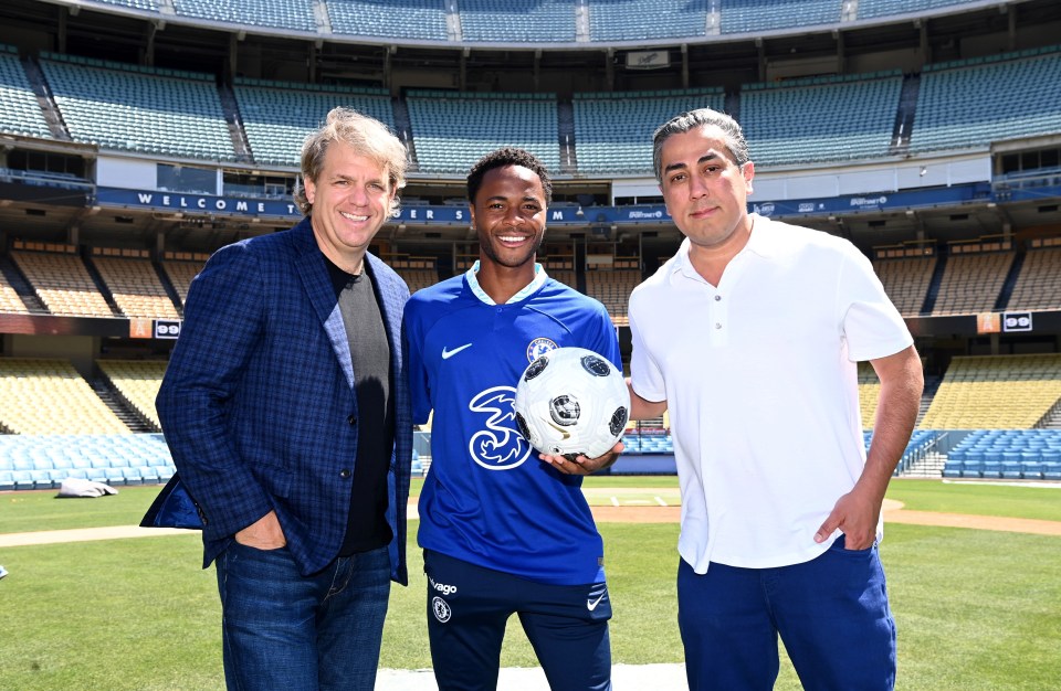 Todd Boehly (left) alongside summer signings Raheem Sterling and co-owner Behdad Eghbali