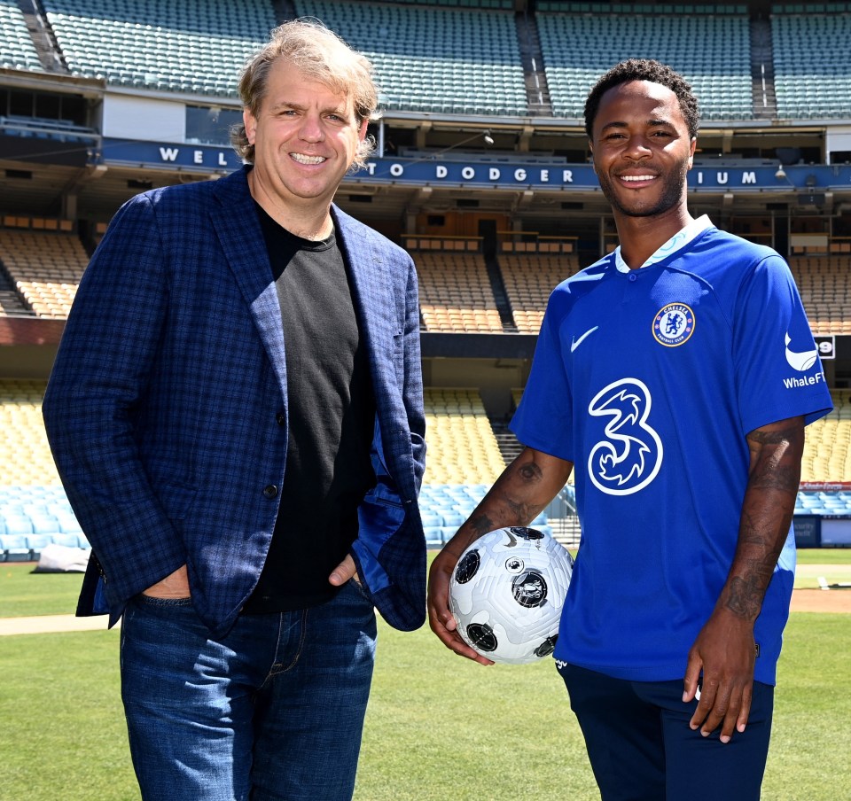 New Chelsea signing Raheem Sterling of Chelsea with Todd Boehly