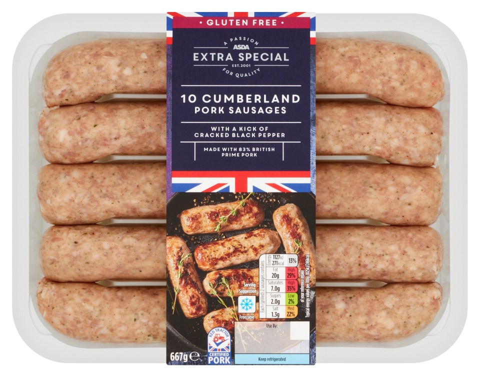 Save on a range of BBQ food at Asda including Cumberland sausages