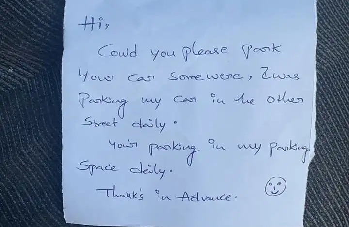 A note was put on a man's windscreen from one of his neighbours