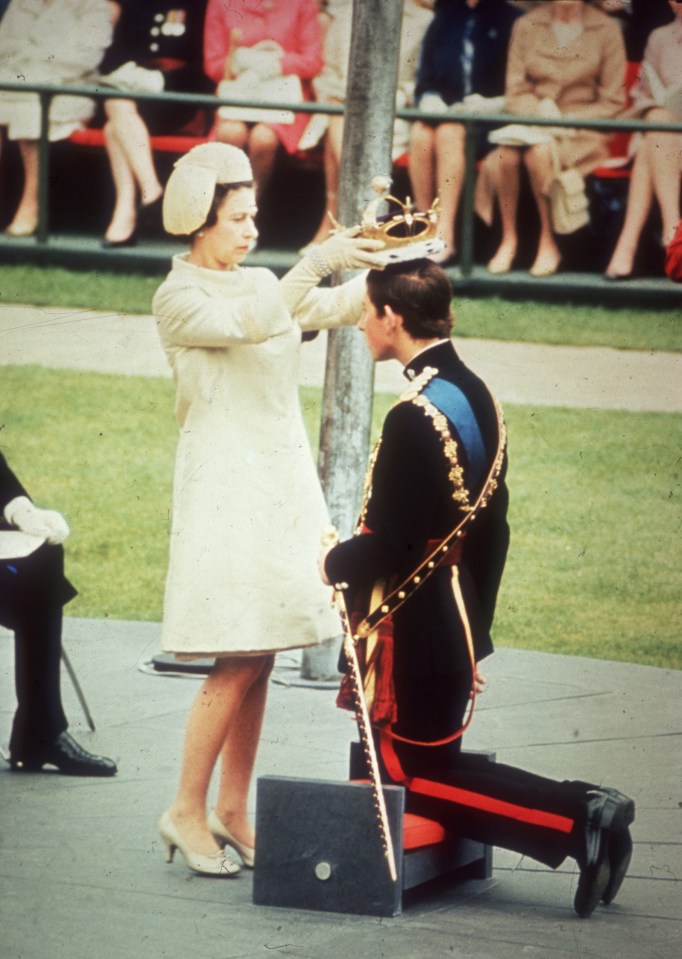 The Queen crowns her son Charles, Prince of Wales, during his investiture ceremony at Caernarfon Castle in 1969