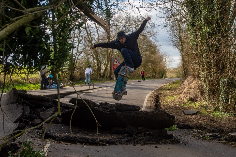 Skaters turned the destroyed road into a makeshift skatepark