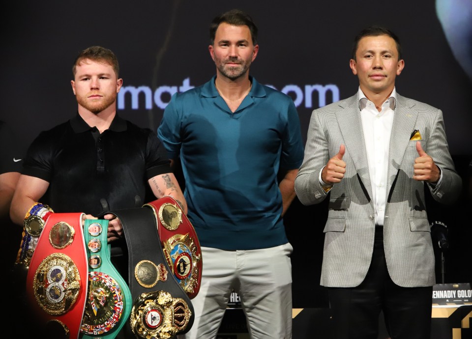 Canelo Alvarez pictured with promoter Eddie Hearn and Gennady Golovkin