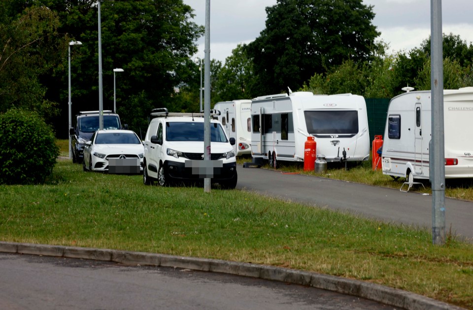 A mum has claimed her son is terrified to go to school after travellers pitched up a camp outside the gates