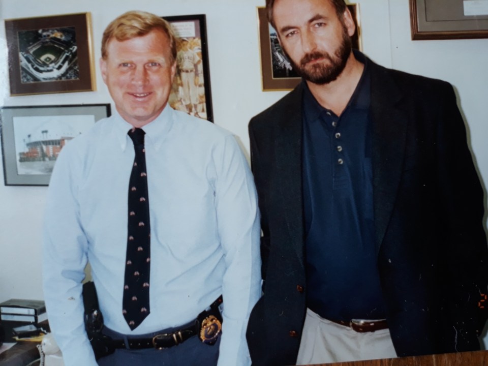 Christopher Berry-Dee (R) with Capt. Lynde B. Johnston, working on another case in  Rochester, the Shawcross murders