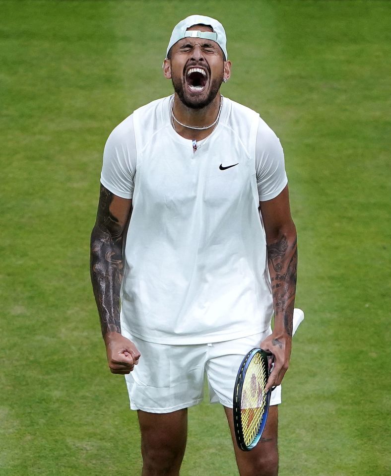 Australia’s Nick Kyrgios roars with joy after beating Greece's fourth seed Stefanos Tsitsipas to reach the last 16 at Wimbledon