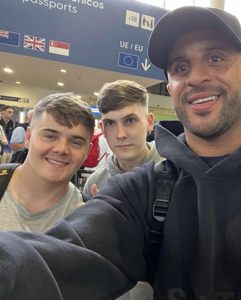 Manchester City defender Kyle Walker, 32, posed for selfies with fans at chaos-hit Manchester Airport as he struggled to hire a private jet